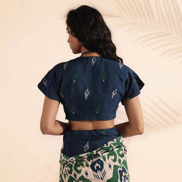 Muslin Silk Blue Blouse for Women | Ikat Print | Flared Fit