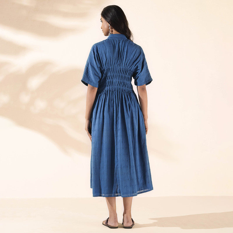 Cotton Dobby Blue Dress for Women | Pin Tuck