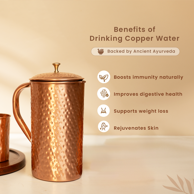 Pure Copper Jug with Lid | Hammered | Improves Digestion | 1.5 L