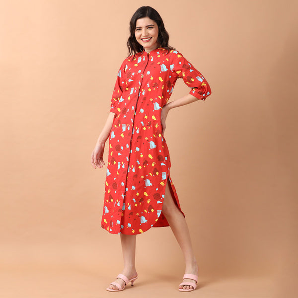 Cotton Shirt Dress for Women | Slit | Orange