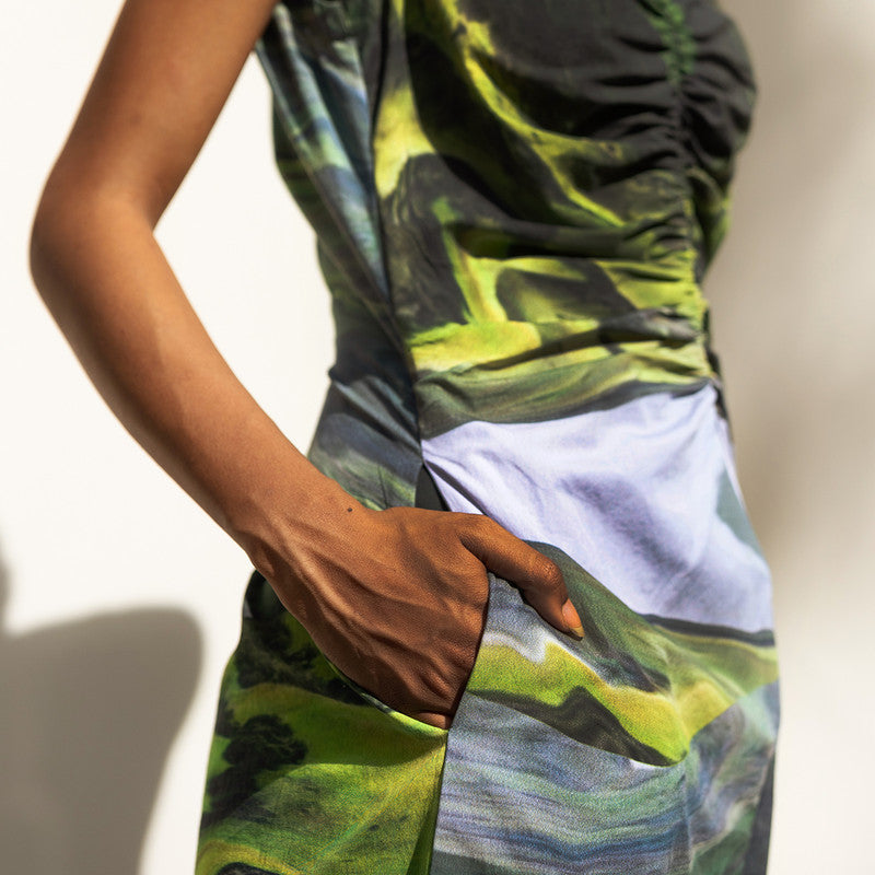 Upcycled Cotton Printed Midi Dress | Green | Side Slit