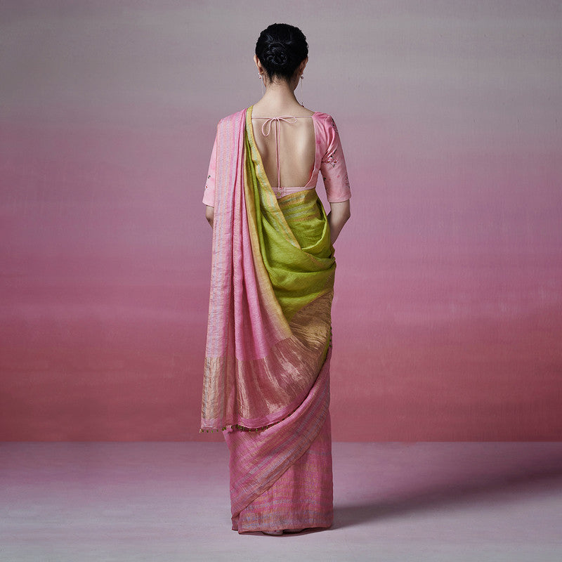Linen Saree | Pink & Green | Lovers Gaze