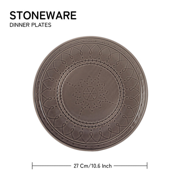 Ceramic Dinner Plate | Stoneware Emboss Design | Large | 10.6 Inches | Ash Grey | Set of 6