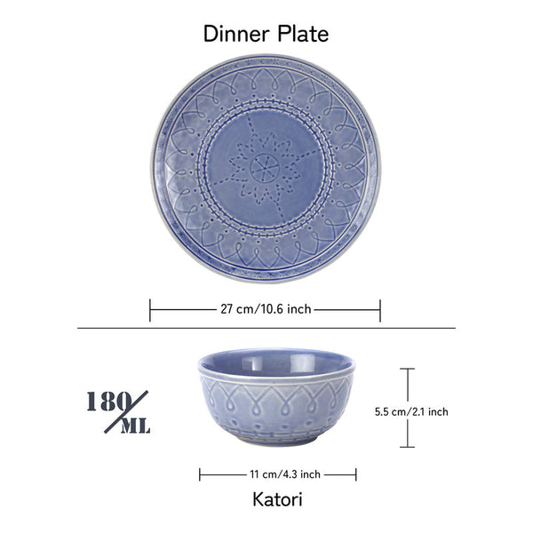 Ceramic Dinner Set | Stoneware | 2 Dinner Plates & 2 Bowl Katori | Mist Blue | Set of 4