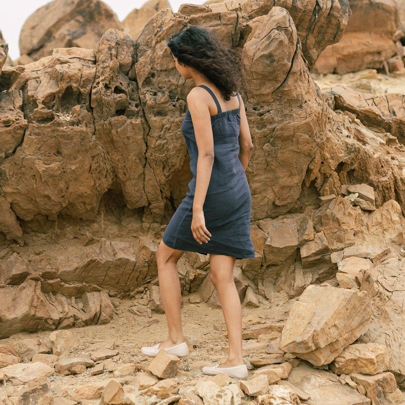 Linen Short Dress for Women | Navy Blue | Strappy