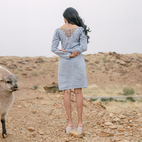 Linen Knee Length Dress | Pacific Blue