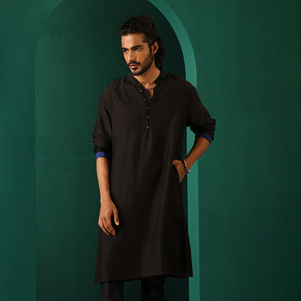 Black Long Kurta for Men | Silk Blend