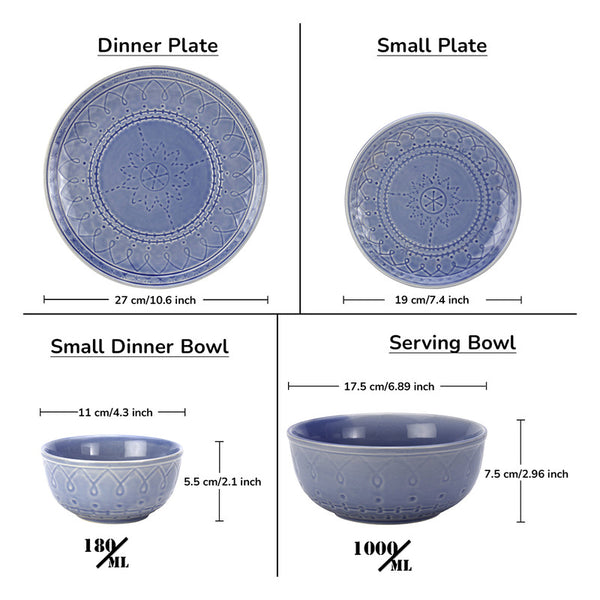 Ceramic Dinner Set | 6 Dinner Plates, 6 Small Plates, 6 Bowl & 2 Serving Bowl | Mist Blue | Set of 20