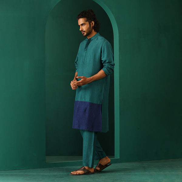 Silk Blend Long Kurta for Men | Color-Block | Blue