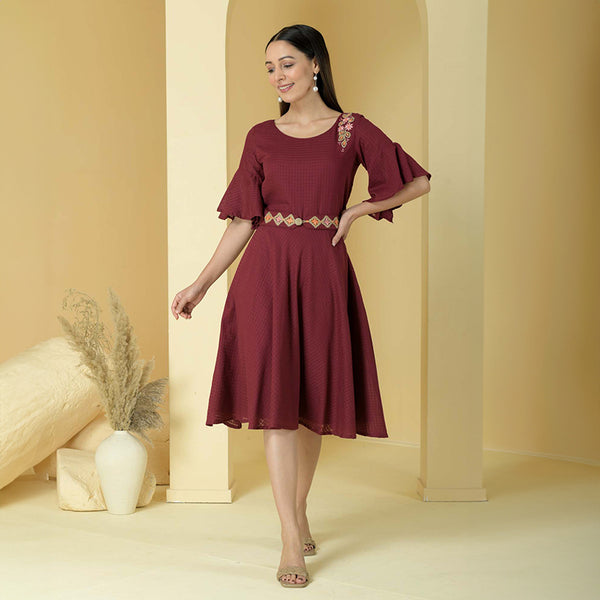 Cotton Knee Length Dress with Belt | Embroidered | Maroon