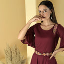 Cotton Knee Length Dress with Belt | Embroidered | Maroon