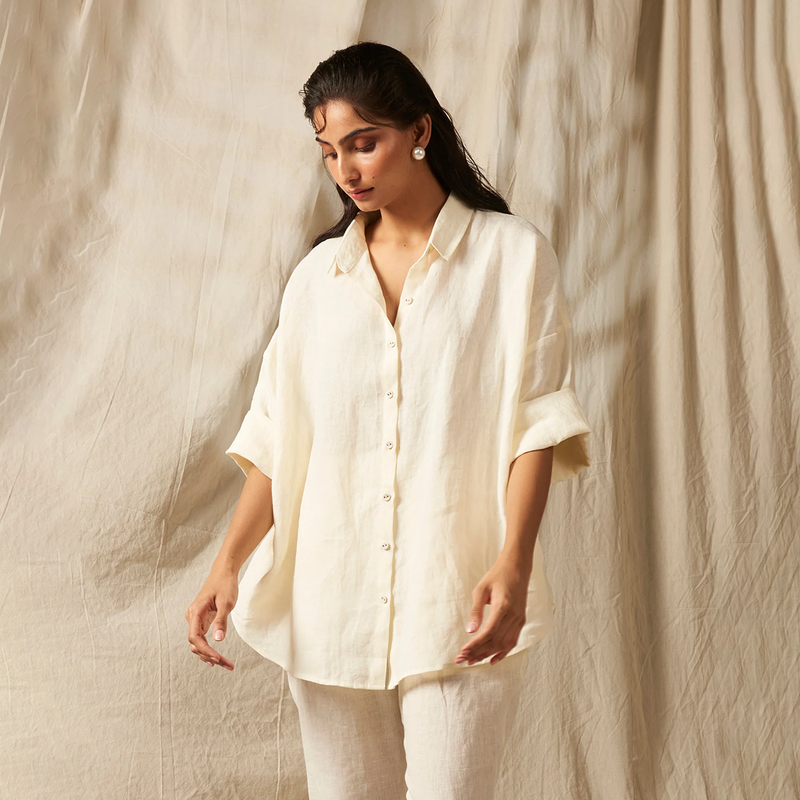 Linen White Co-Ord Set For Women | Oversized Flared Shirt & Pants