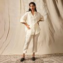 Linen White Co-Ord Set For Women | Oversized Flared Shirt & Pants