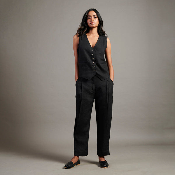 Linen Co-Ord Set For Women | Waist Coat & Pant | Black