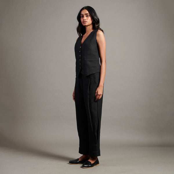 Linen Co-Ord Set For Women | Waist Coat & Pant | Black