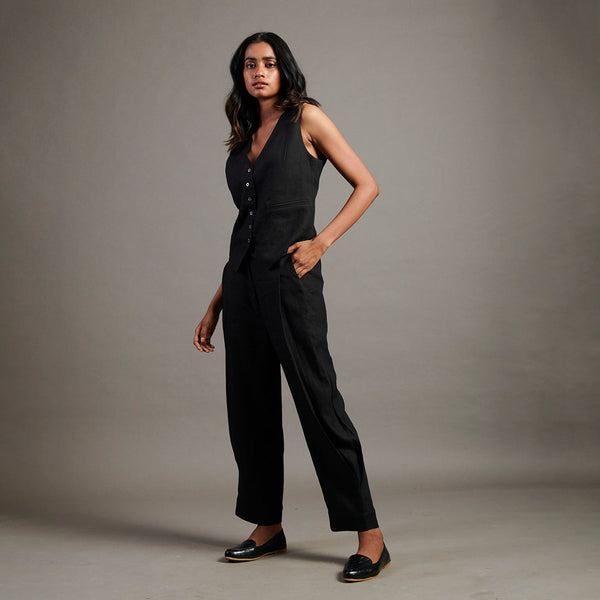 Linen Co-Ord Set For Women | Waist Coat & Pant | Black