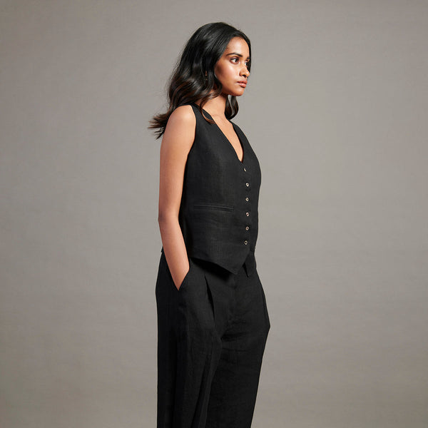 Linen Co-Ord Set For Women | Waist Coat & Pant | Black