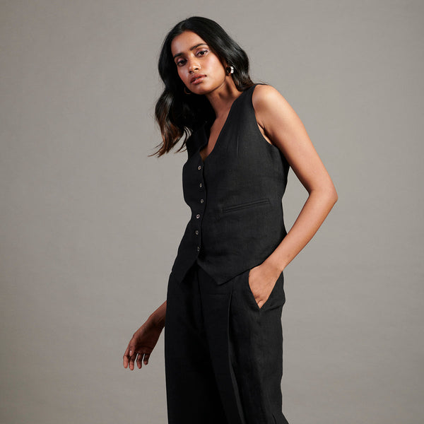 Linen Co-Ord Set For Women | Waist Coat & Pant | Black