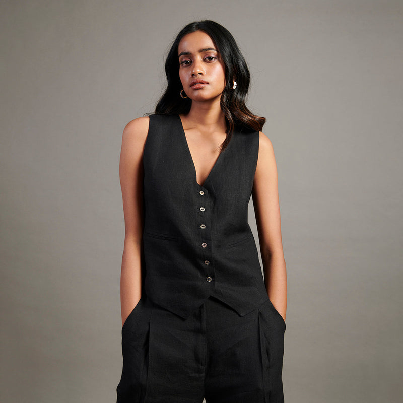 Linen Co-Ord Set For Women | Waist Coat & Pant | Black