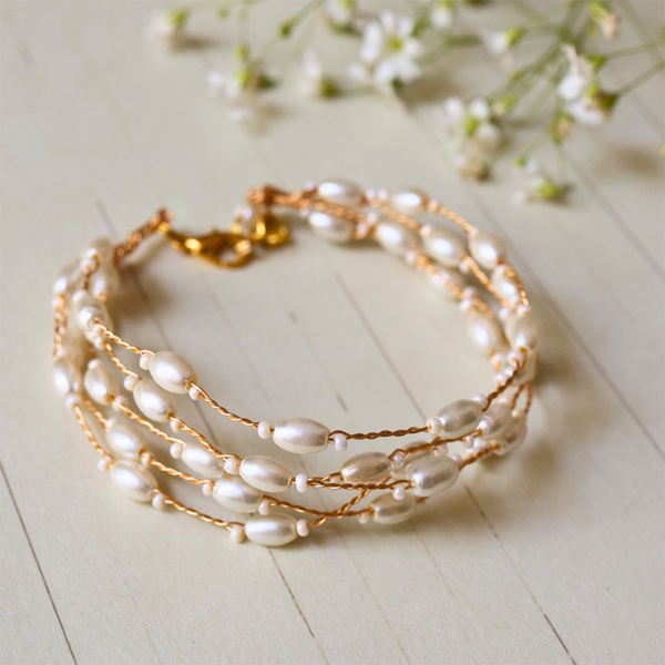 Cuff Bracelet for Women | Recyclable Pearl Beads | White & Gold