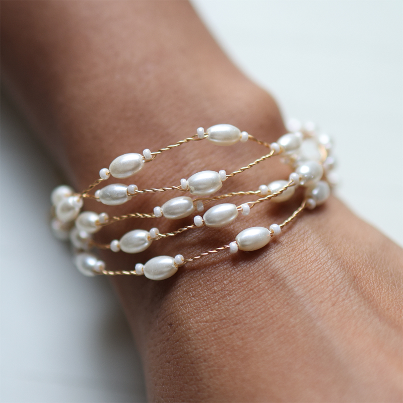 Cuff Bracelet for Women | Recyclable Pearl Beads | White & Gold