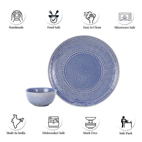 Stoneware Ceramic Dinner Set | 4 Dinner Plates & 4 Bowl Katori | Mist Blue | Set of 8