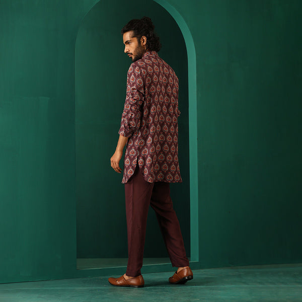 Muslin Silk Printed Kurta Set for Men | Deep Purple