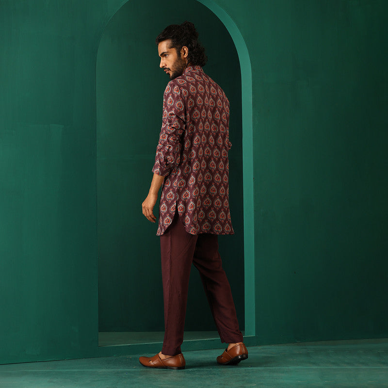 Muslin Silk Printed Kurta Set for Men | Deep Purple