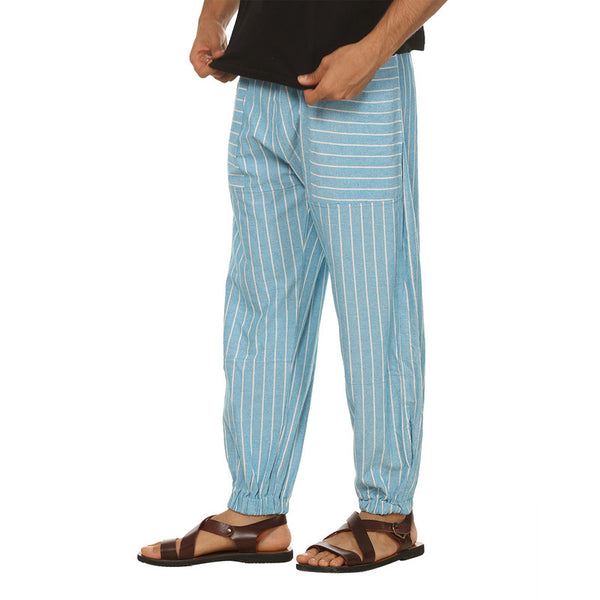 Cotton Jogger Pants for Men | Blue | Front Pocket | Stripes