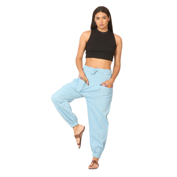 Cotton Jogger Pants for Women | Sky Blue | Front Pocket