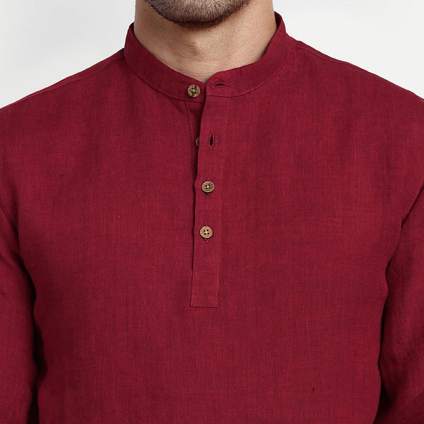 Linen Short Kurta for Men | Full Sleeves | Red