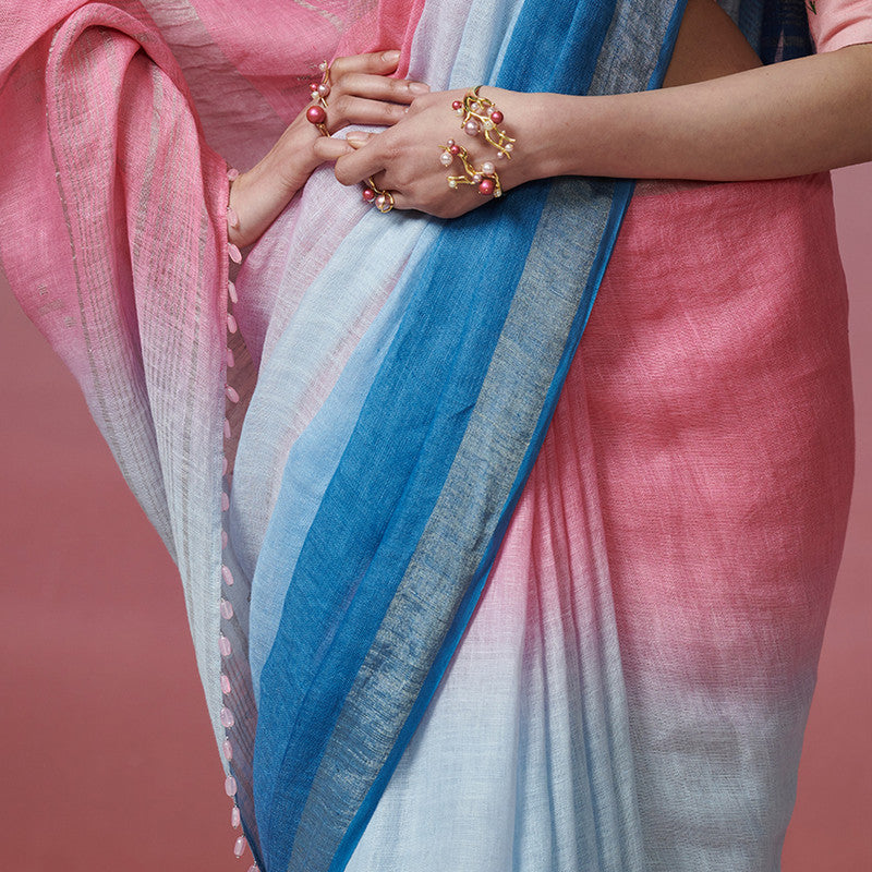 Linen Saree | Blue & Pink