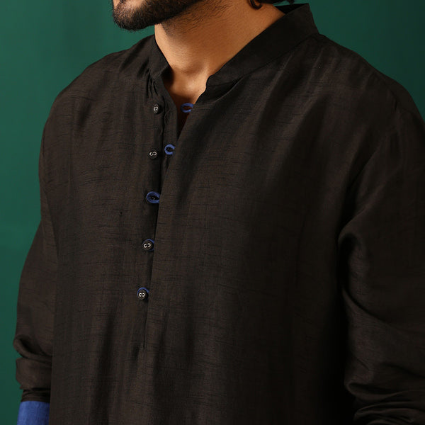 Black Long Kurta for Men | Silk Blend