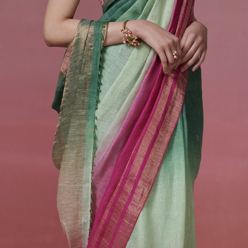 Linen Saree | Green & Magenta