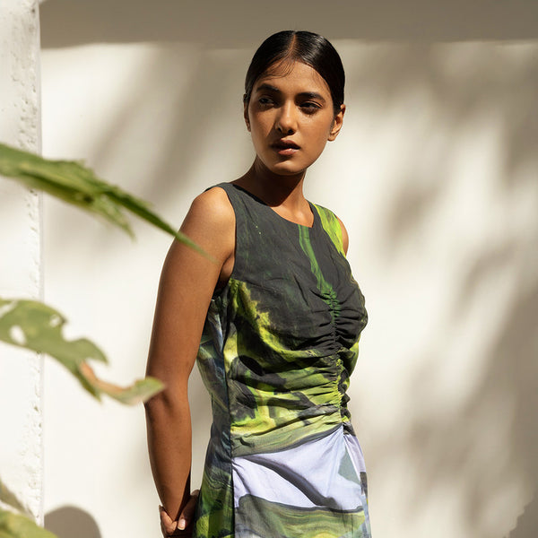 Upcycled Cotton Printed Midi Dress | Green | Side Slit