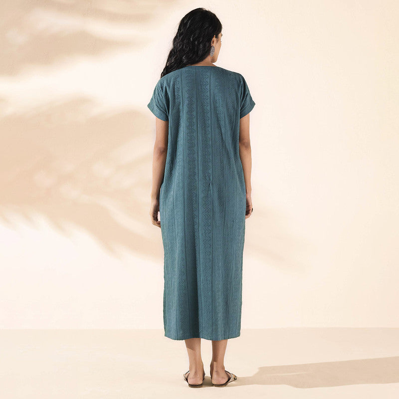 Cotton Dobby Midi Dress for Women | Turquoise | Half Sleeves