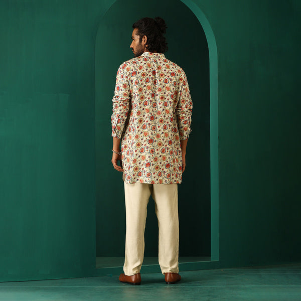 Muslin Silk Printed Kurta Set for Men | Floral | Off-White