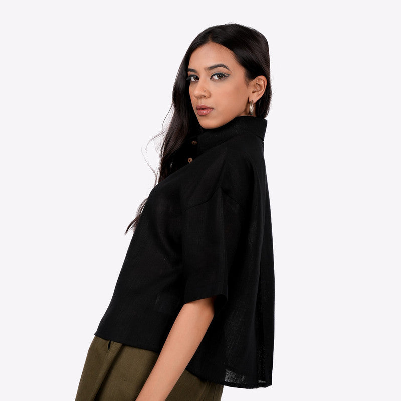 Black Linen Shirt for Women | Drop Shoulder