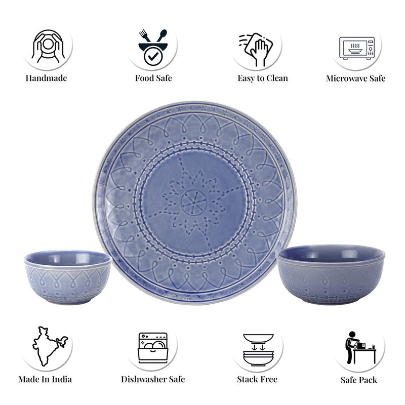 Stoneware Ceramic Dinner Set | 6 Dinner Plates, 12 Bowl & 2 Serving Bowl | Mist Blue | Set of 20