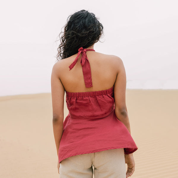 Linen Halter Neck Top | Berry Red