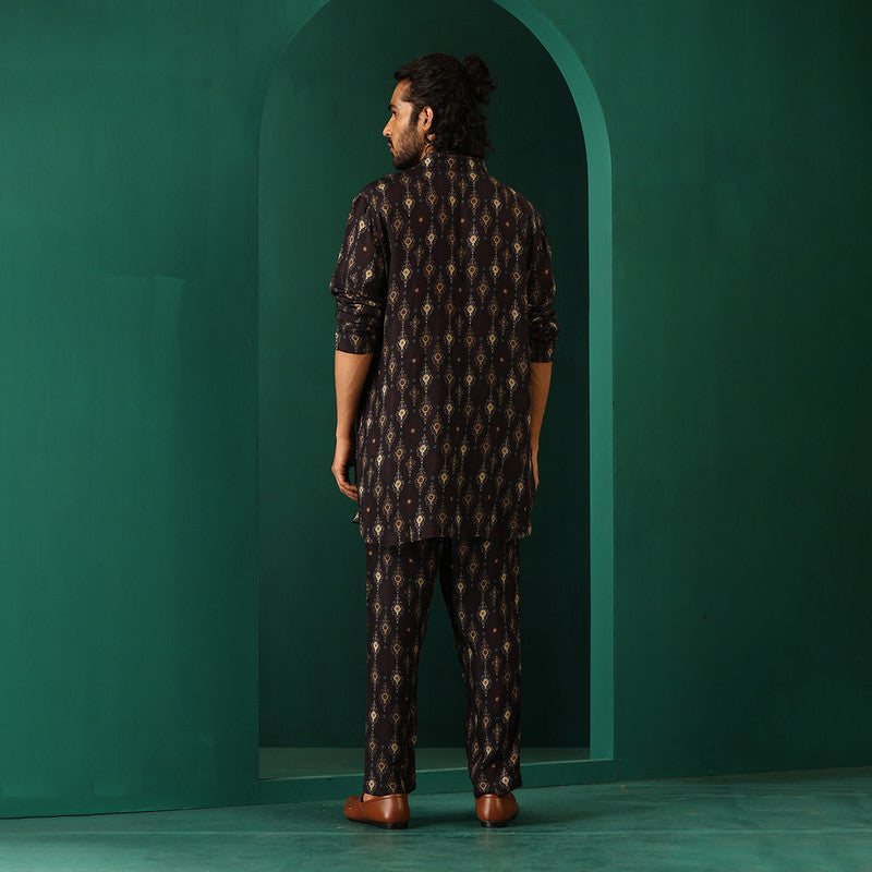 Muslin Silk Ikat Kurta Set for Men | Printed | Black