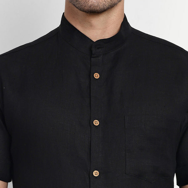 Black Linen Shirt for Men | Mandarin Collar