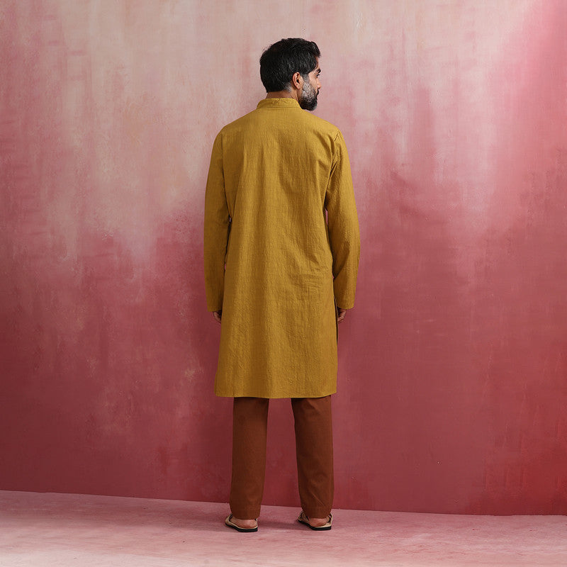 Cotton Long Kurta for Men | Mustard | Mandarin Collar