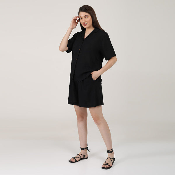 Linen Black Co Ord Set | Shirt & Shorts for Women