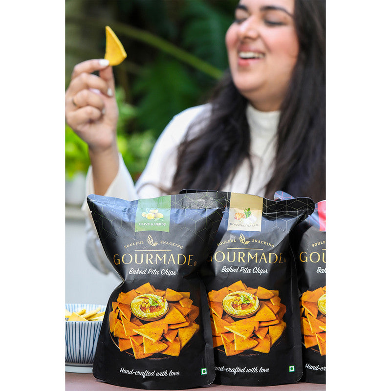 Pita Chips Snacks Combo | Roasted Garlic and Olive & Herbs | Starter Chips | Healthy Snack | 125 g Each | Pack of 3