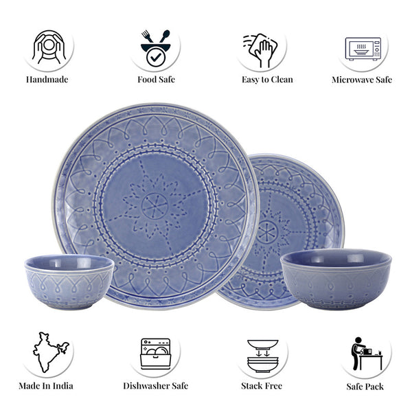 Ceramic Dinner Set | 6 Dinner Plates, 6 Small Plates, 6 Bowl & 2 Serving Bowl | Mist Blue | Set of 20