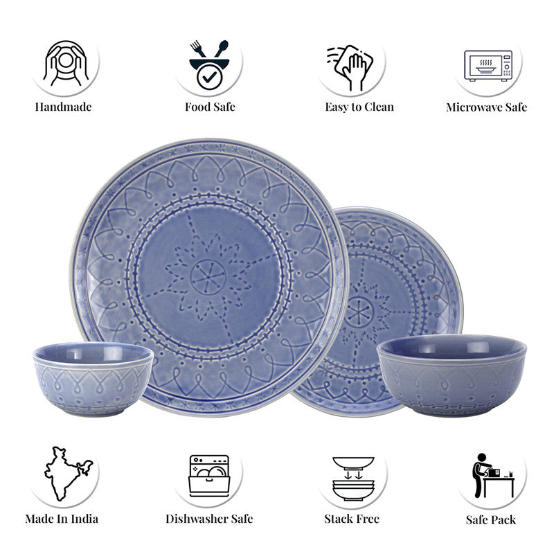 Ceramic Dinner Set | 6 Dinner Plates, 6 Small Plates, 6 Bowl & 2 Serving Bowl | Mist Blue | Set of 20