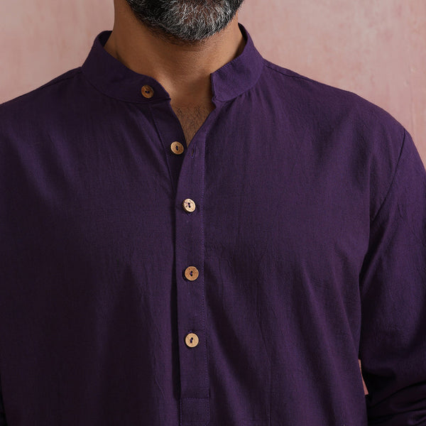 Cotton Long Kurta for Men | Purple | Mandarin Collar