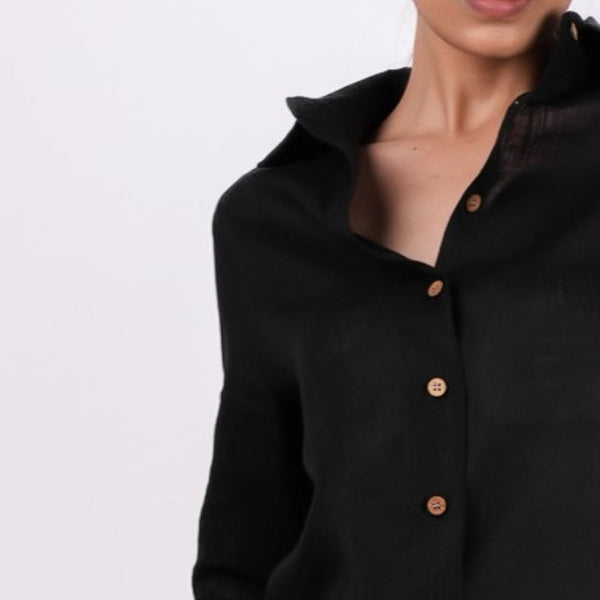 Black Linen Shirt for Women | Full Sleeves