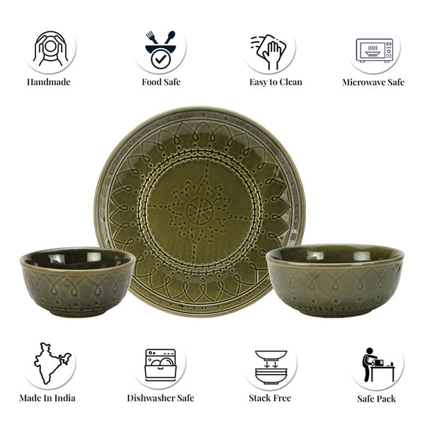 Stoneware Ceramic Dinner Set | 6 Dinner Plates, 12 Bowl & 2 Serving Bowl | Moss Green | Set of 20